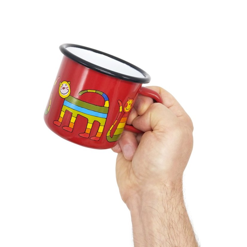 Červený smaltovaný hrnek Kočky