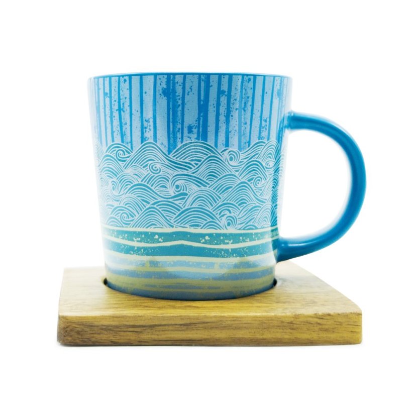 Hrnek Blue Wave s podšálkem z akácie