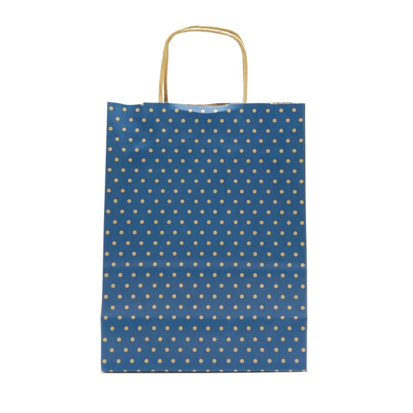 Modrá papírová taška s puntíky malá