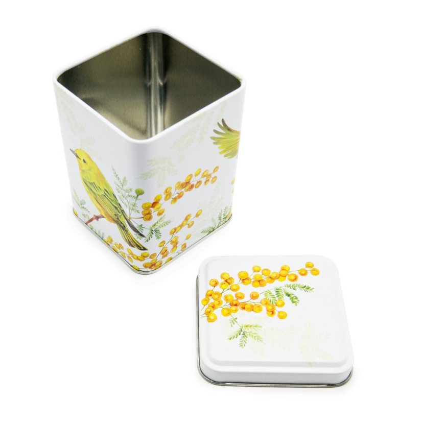 Plechová dóza Ptáček a květy mimózy